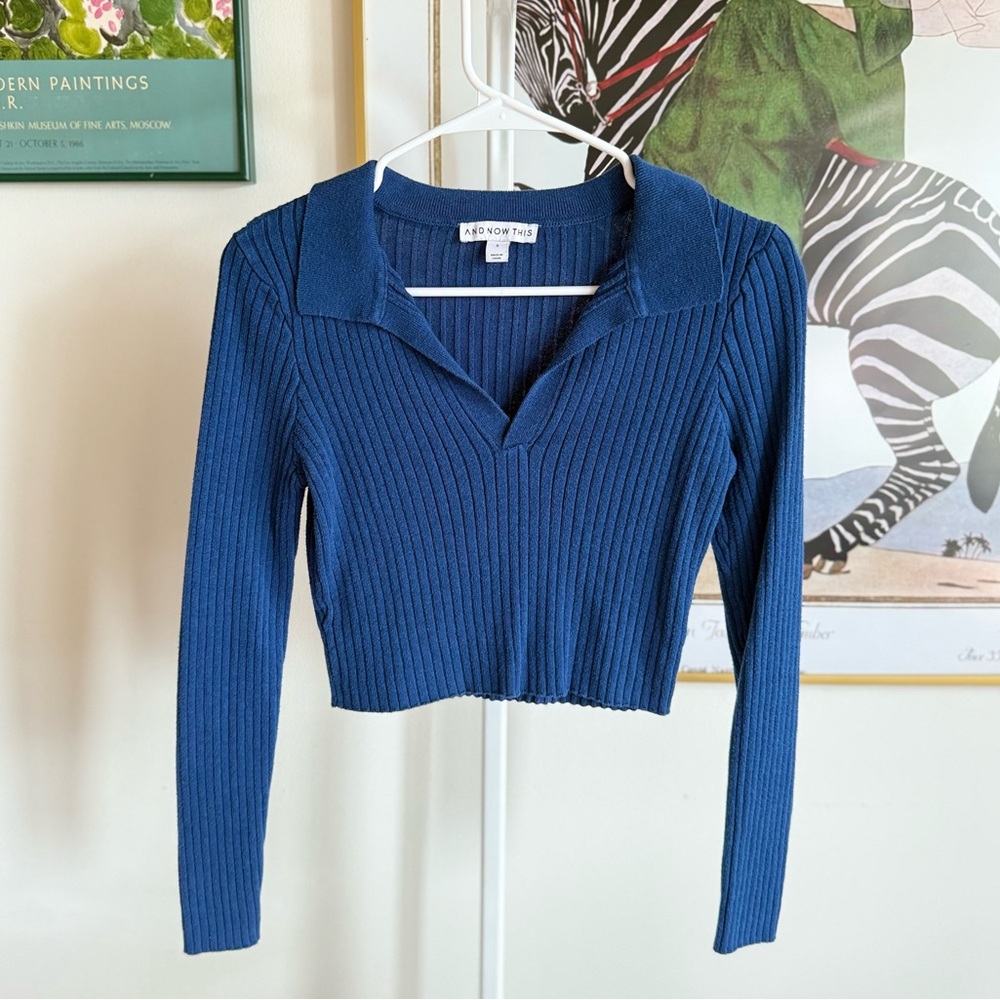 And Now This Collared Blue Sweater Long Sleeve Ribbed Polo Top